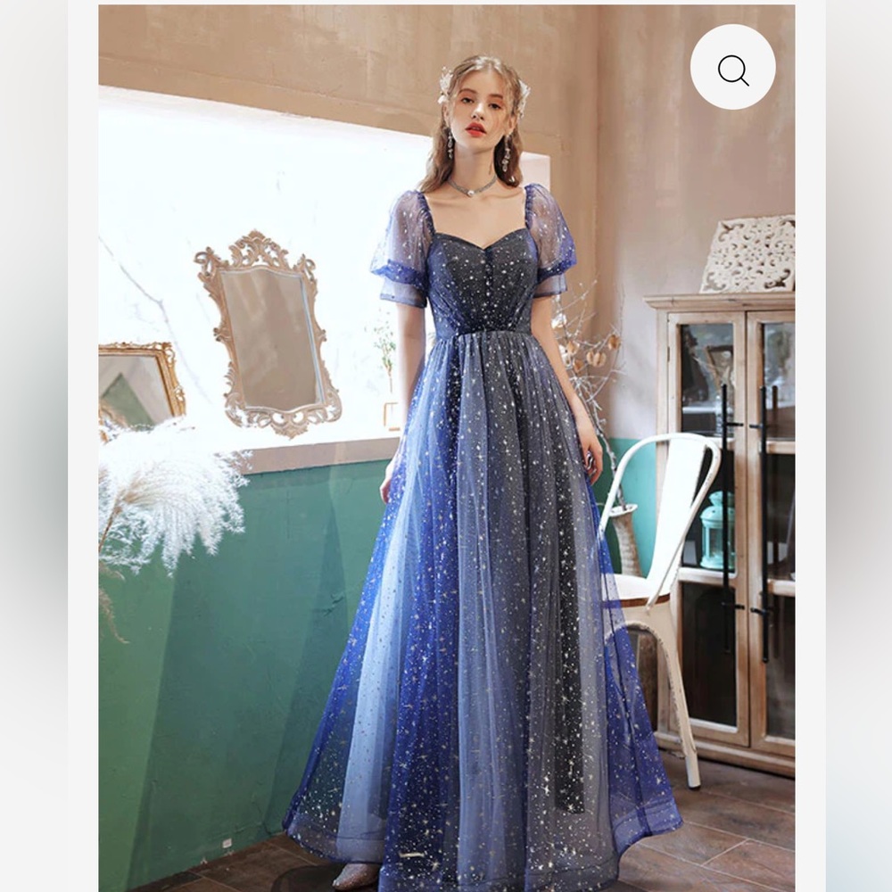 A-line Tulle Starry Blue Long Prom Dress